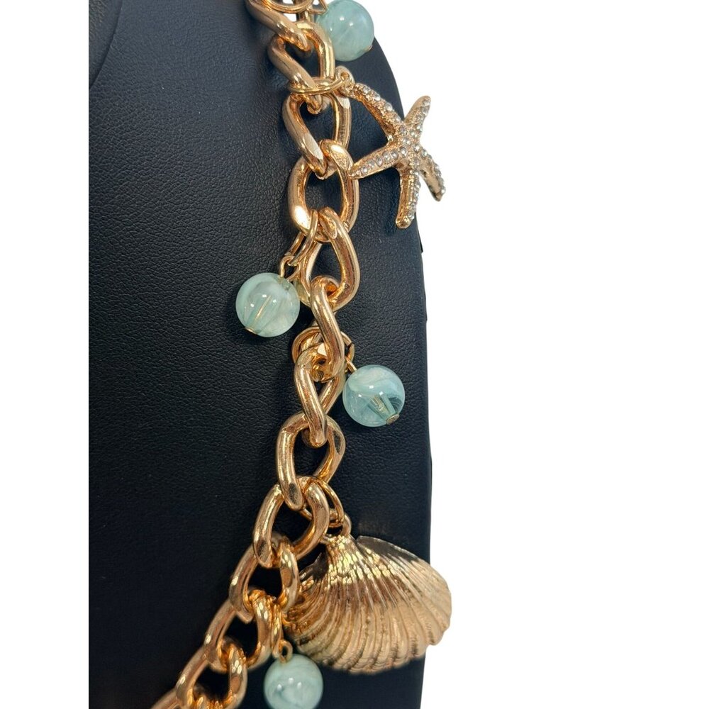 Gold Tone Mermaid Seashell Starfish Chunky Chain Charm Necklace With Aqua Beads - Picture 4 of 6